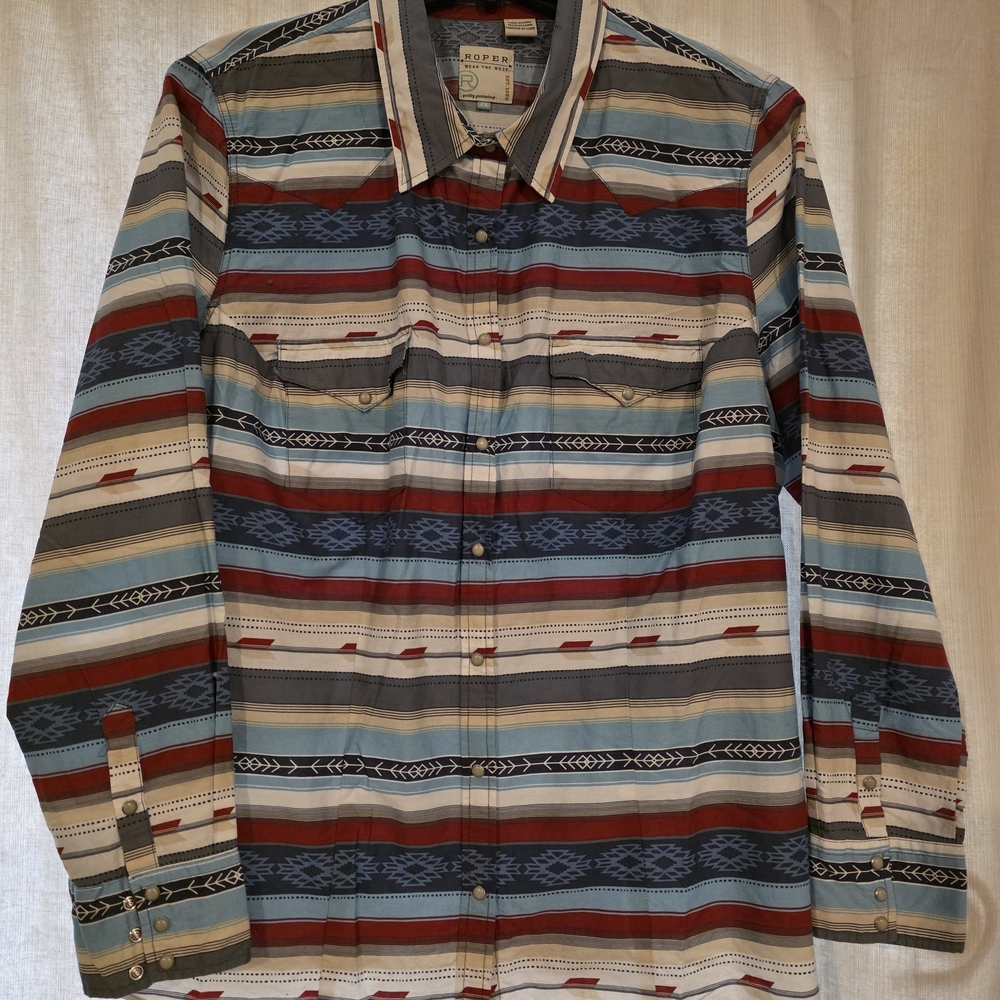 Roper Women's Southwestern Stripe Button-Up Shirt - Blue/Red